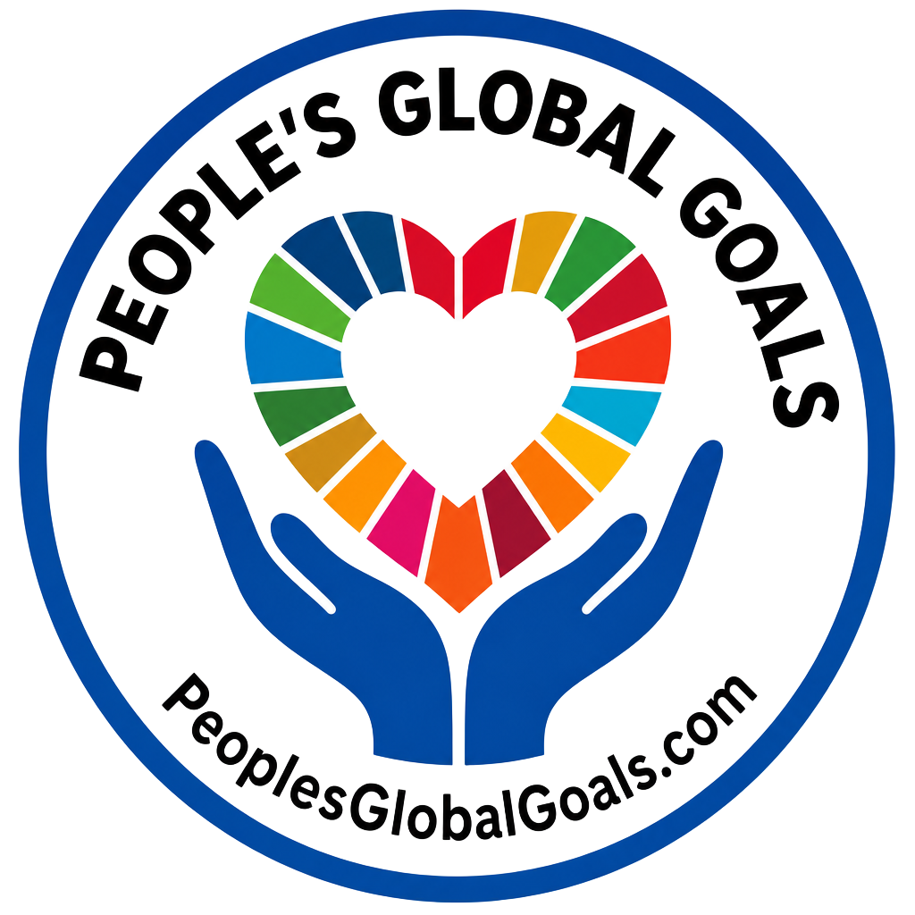 People's Global Goals badge with an SDG colour heart held by two hands