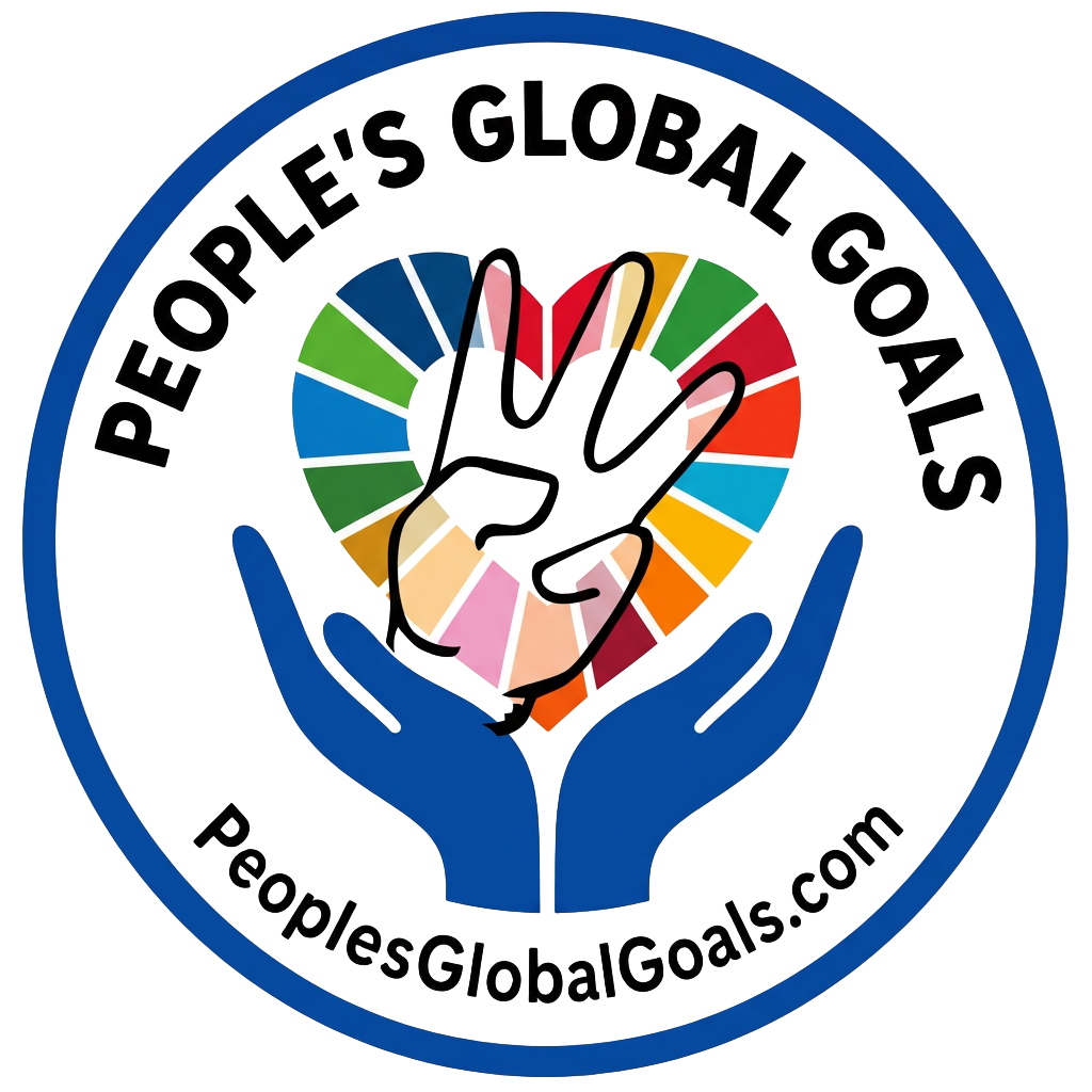 People's Global Goals badge with an outlined three-finger hand gesture emerging from the SDG colour heart held by two hands