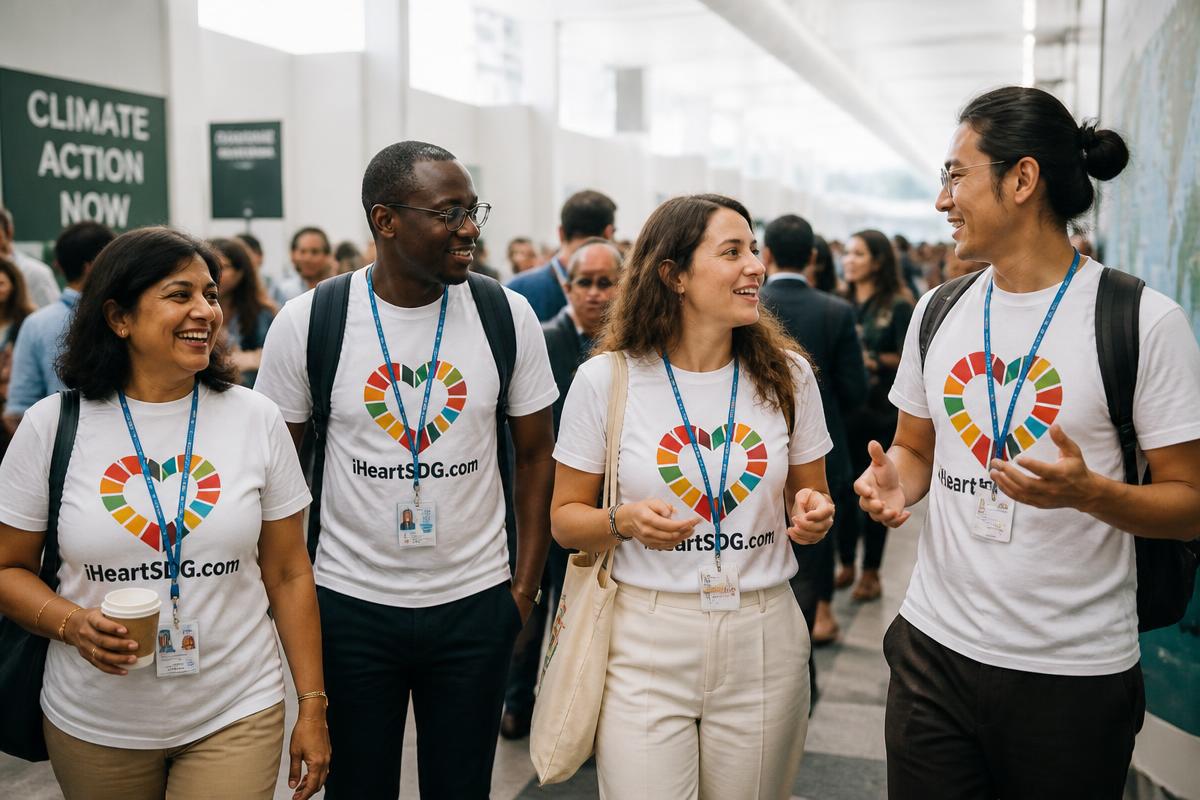 Adults wearing iHeartSDG.com shirts in a conference corridor